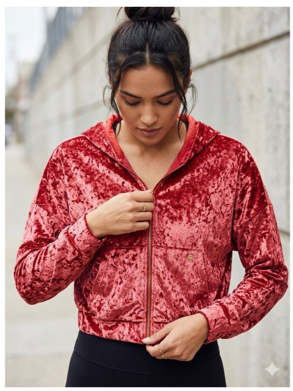 Fabletics Crushed Velvet Zip Bomber Jacket in Red